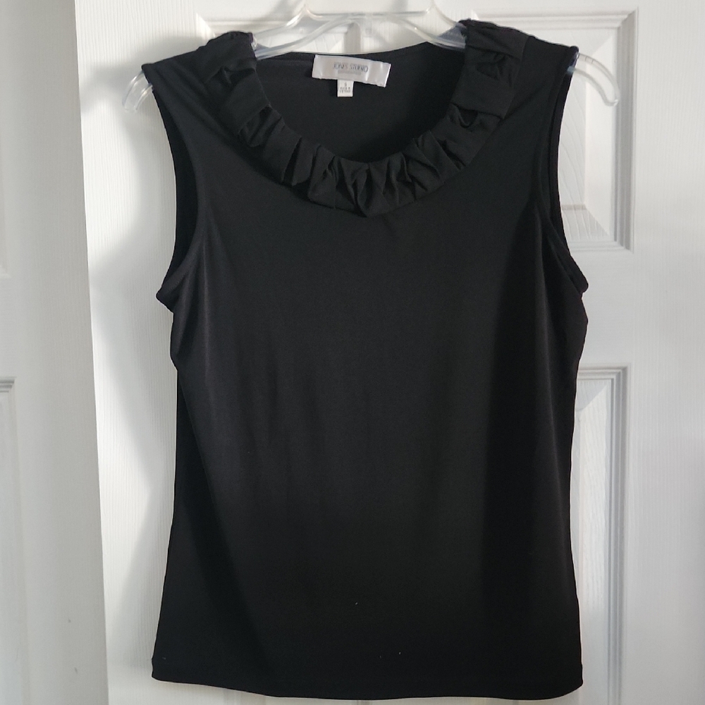 Jones Studio Black Ruffle Neck Tank Top